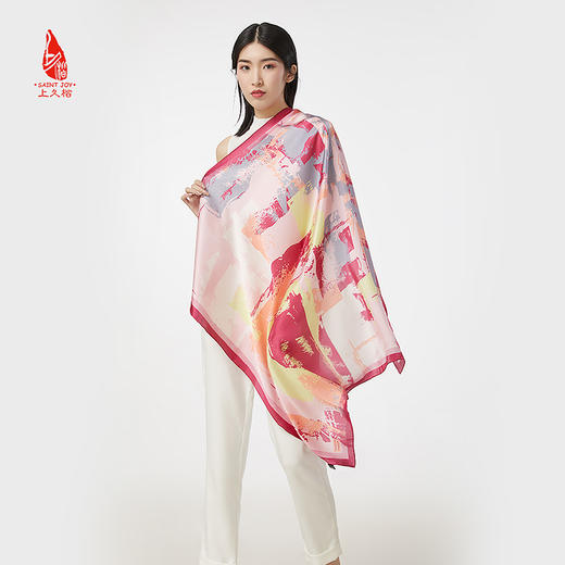 SAINTJOY/上久楷 女式真丝方巾 藏青城市涂鸦 FJ18004 商品图10