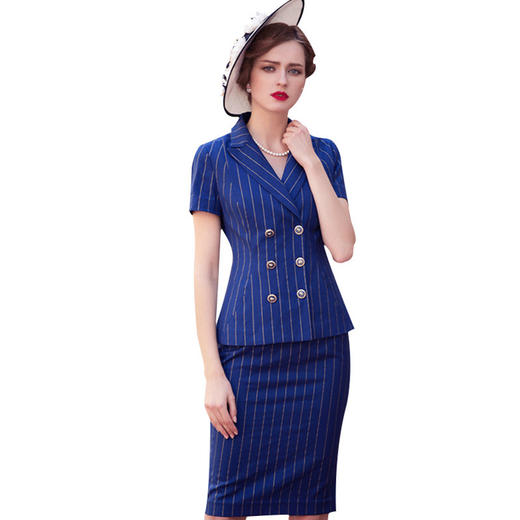 IWY/时尚蓝色条纹双排扣西装套裙欧美职业装套装OL工作服制服女装CS0341 商品图3