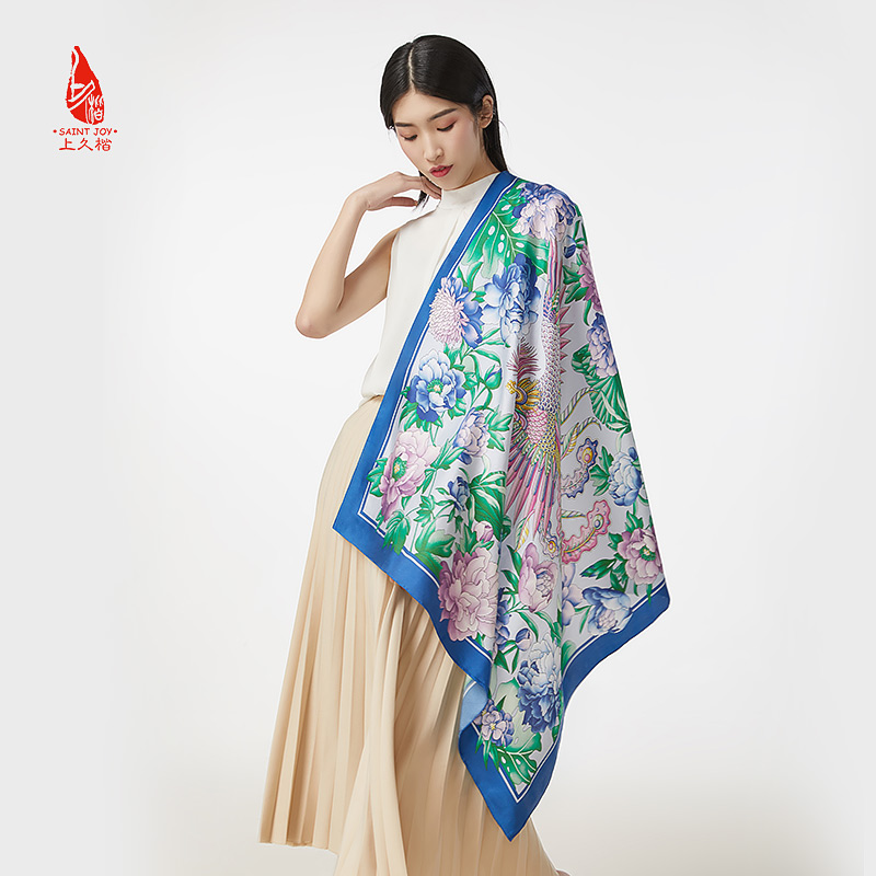 SAINTJOY/上久楷 真丝方巾 凤戏牡丹·深蓝色 FJ17006