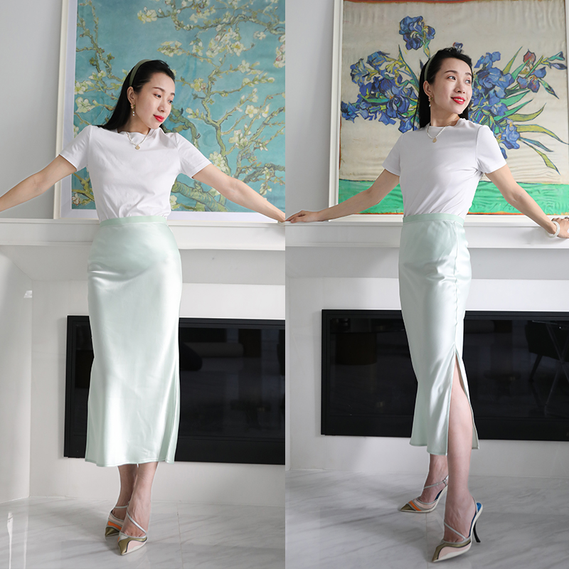 纯露节¥999送·新芽绿缎面开叉半长裙