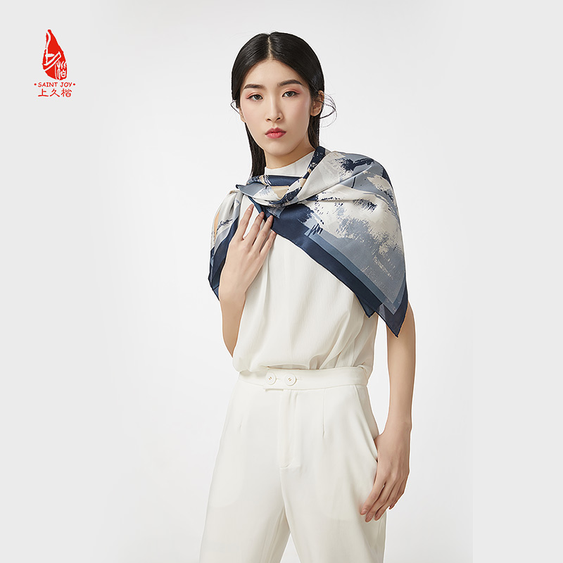 SAINTJOY/上久楷 女式真丝方巾 藏青城市涂鸦 FJ18004