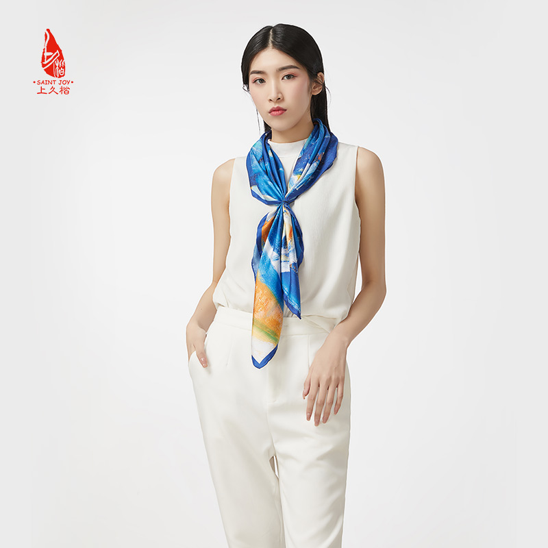 SAINTJOY/上久楷 女式真丝方巾 蓝色无题 FJ17010