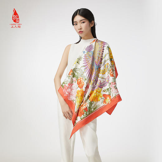 SAINTJOY/上久楷 真丝方巾 凤戏牡丹·深蓝色 FJ17006 商品图6