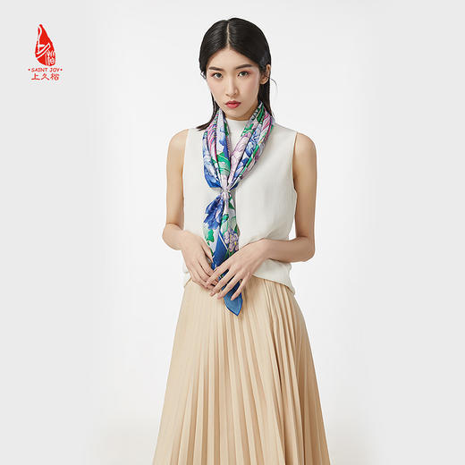 SAINTJOY/上久楷 真丝方巾 凤戏牡丹·深蓝色 FJ17006 商品图2