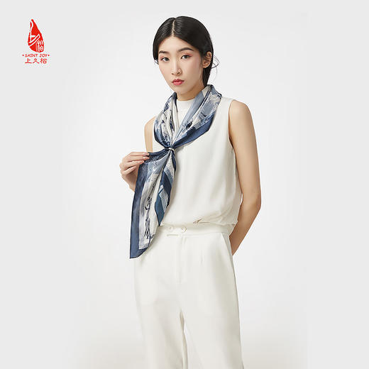 SAINTJOY/上久楷 女式真丝方巾 藏青城市涂鸦 FJ18004 商品图1