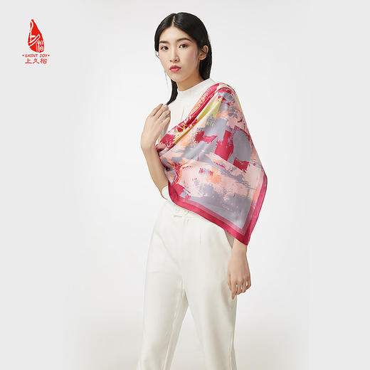 SAINTJOY/上久楷 女式真丝方巾 藏青城市涂鸦 FJ18004 商品图11