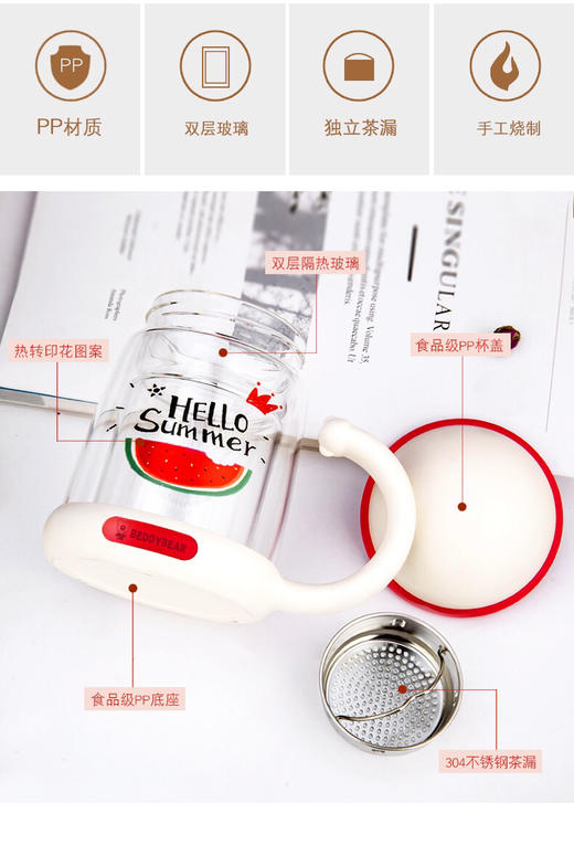 杯具熊双层玻璃杯耐隔热可爱女花茶杯子带把手茶水杯-会员8折-无备注随机发货 商品图1