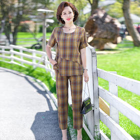 FW  2118时尚阔太太大码格纹棉麻套装