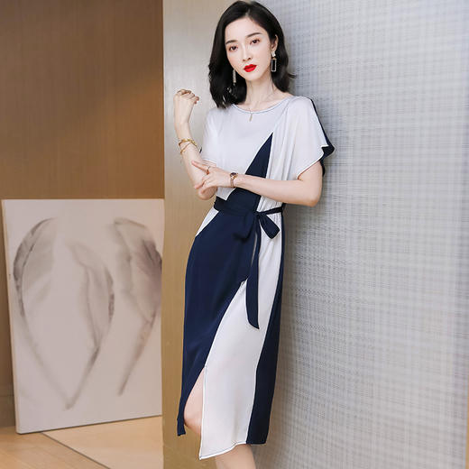 上海旗袍厂ASE-9112重磅真丝连衣裙2021新款欧洲站收腰长款复古拼色桑蚕丝裙 商品图1