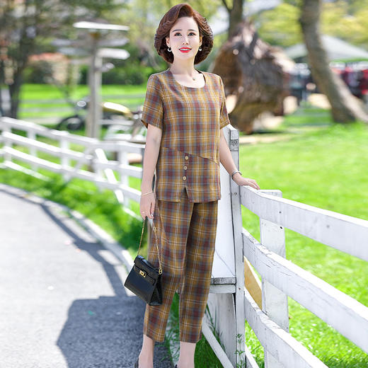 FW  2118时尚阔太太大码格纹棉麻套装 商品图3