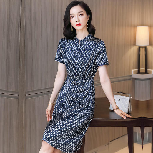 上海旗袍厂ASE-9119夏季新款女装木耳领格纹桑蚕丝系带收腰显瘦真丝连衣长裙 商品图1