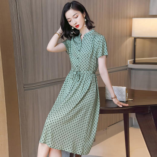 上海旗袍厂ASE-9139重磅真丝连衣裙女新款夏季短袖系带收腰显瘦桑蚕丝印花裙 商品图5