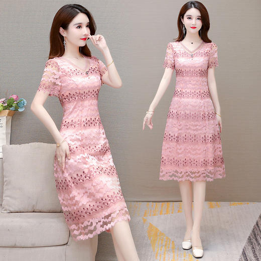 刺绣连衣裙女中长款2021夏装新款修身气质优雅短袖时尚大码打底裙 商品图2