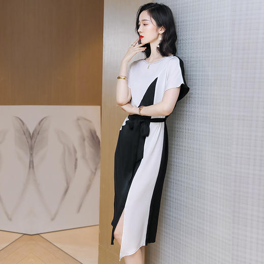 上海旗袍厂ASE-9112重磅真丝连衣裙2021新款欧洲站收腰长款复古拼色桑蚕丝裙 商品图3