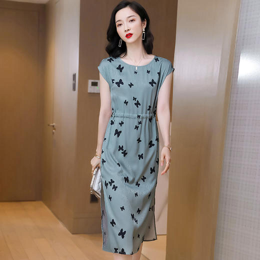 上海旗袍厂ASE-9115真丝连衣裙新款圆领蝴蝶印花优雅气质显瘦短袖桑蚕丝长裙 商品图0