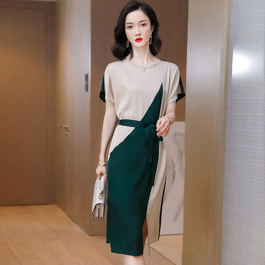 上海旗袍厂ASE-9112重磅真丝连衣裙2021新款欧洲站收腰长款复古拼色桑蚕丝裙 商品图2