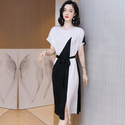 上海旗袍厂ASE-9112重磅真丝连衣裙2021新款欧洲站收腰长款复古拼色桑蚕丝裙 商品图0