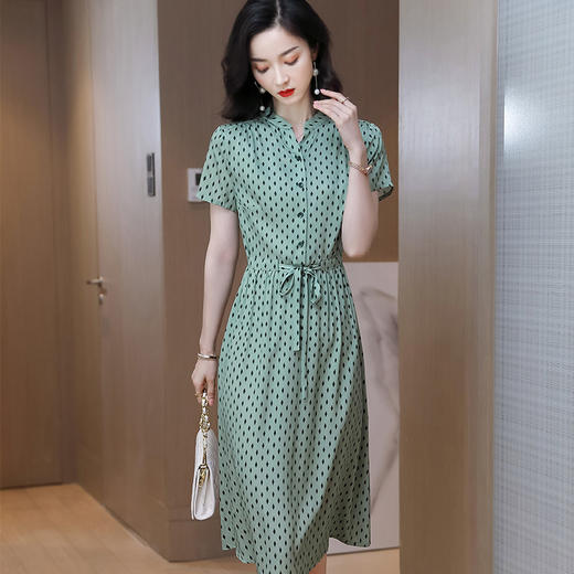 上海旗袍厂ASE-9139重磅真丝连衣裙女新款夏季短袖系带收腰显瘦桑蚕丝印花裙 商品图1