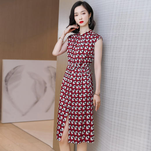 上海旗袍厂ASE-9159真丝连衣裙重磅桑蚕丝女2021春季新款收腰中长裙无袖修身 商品图0