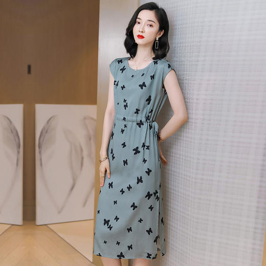 上海旗袍厂ASE-9115真丝连衣裙新款圆领蝴蝶印花优雅气质显瘦短袖桑蚕丝长裙 商品图2