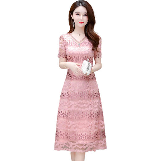 刺绣连衣裙女中长款2021夏装新款修身气质优雅短袖时尚大码打底裙 商品图4