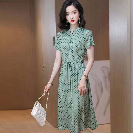 上海旗袍厂ASE-9139重磅真丝连衣裙女新款夏季短袖系带收腰显瘦桑蚕丝印花裙 商品图2