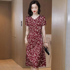 上海旗袍厂ASE-9117夏新真丝连衣裙女v领高腰显瘦桑蚕丝裙立体印花