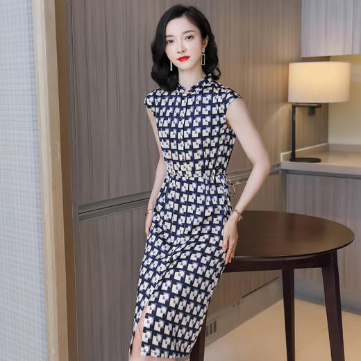 上海旗袍厂ASE-9159真丝连衣裙重磅桑蚕丝女2021春季新款收腰中长裙无袖修身 商品图2