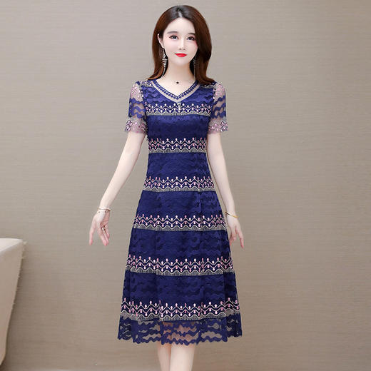 刺绣连衣裙女中长款2021夏装新款修身气质优雅短袖时尚大码打底裙 商品图5