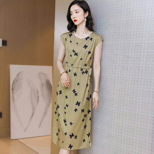 上海旗袍厂ASE-9115真丝连衣裙新款圆领蝴蝶印花优雅气质显瘦短袖桑蚕丝长裙 商品图1
