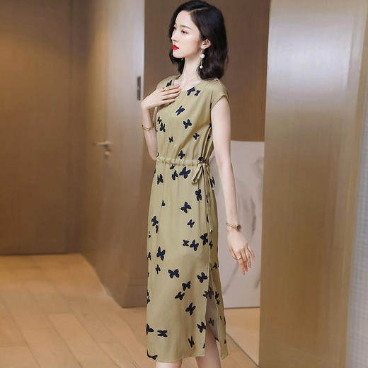 上海旗袍厂ASE-9115真丝连衣裙新款圆领蝴蝶印花优雅气质显瘦短袖桑蚕丝长裙 商品图3