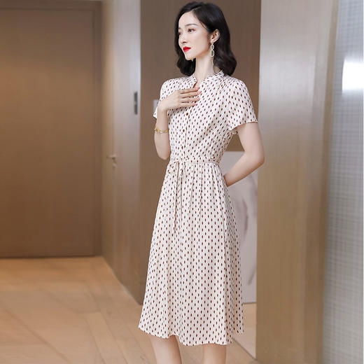 上海旗袍厂ASE-9139重磅真丝连衣裙女新款夏季短袖系带收腰显瘦桑蚕丝印花裙 商品图3