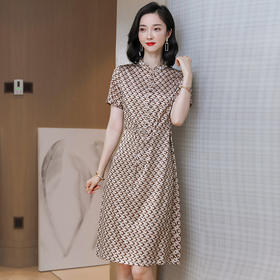 上海旗袍厂ASE-9119夏季新款女装木耳领格纹桑蚕丝系带收腰显瘦真丝连衣长裙