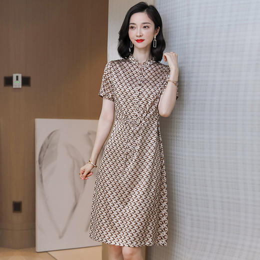 上海旗袍厂ASE-9119夏季新款女装木耳领格纹桑蚕丝系带收腰显瘦真丝连衣长裙 商品图0