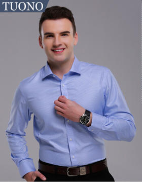 Tuono托诺成衣免烫衬衫秋冬修身长袖棉青年商务男士衬衣NC7557 浅蓝色千鸟格