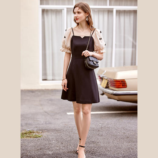 欧芮儿黑色连衣裙2021新款高腰显瘦时尚气质优雅拼接一字肩裙 商品图2