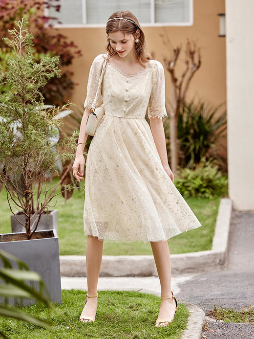 欧芮儿V领蕾丝连衣裙女2021新款收腰显瘦气质优雅法式仙女裙 商品图3