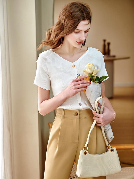 欧芮儿V领短袖毛针织衫女2021夏季修身显瘦蕾丝拼接气质优雅上衣 商品图1