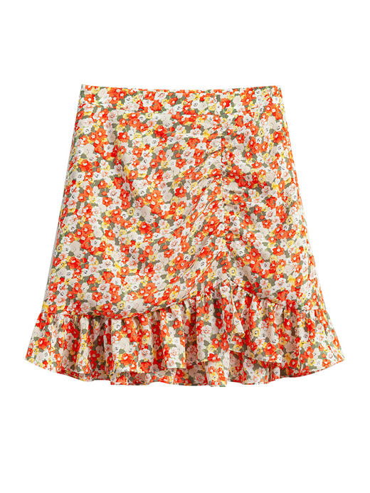 欧芮儿印花雪纺半身裙2021高腰显瘦拼接荷叶边抽褶设计A字裙 商品图3