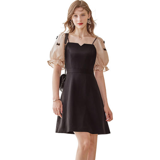 欧芮儿黑色连衣裙2021新款高腰显瘦时尚气质优雅拼接一字肩裙 商品图3