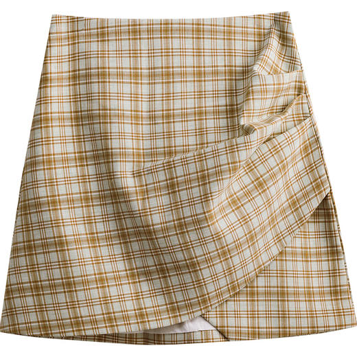 欧芮儿格纹半身裙2021新款高腰显瘦气质减龄不规则褶皱短裙 商品图3