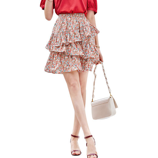 欧芮儿碎花半身裙2021夏新款高腰显瘦气质年轻俏皮A字短款蛋糕裙 商品图3