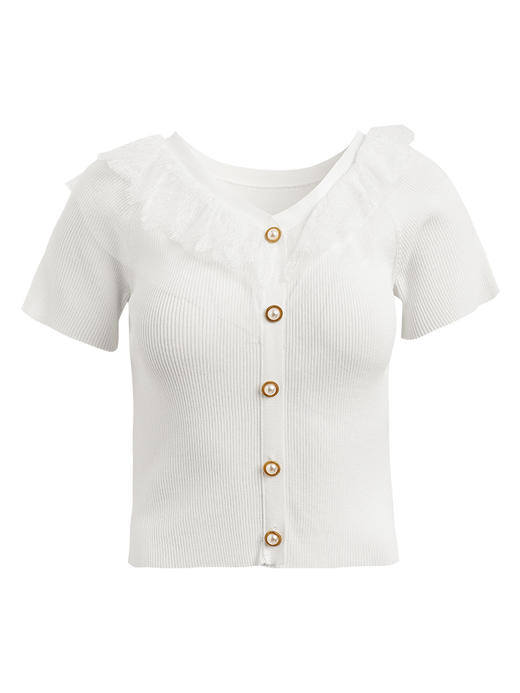 欧芮儿V领短袖毛针织衫女2021夏季修身显瘦蕾丝拼接气质优雅上衣 商品图3