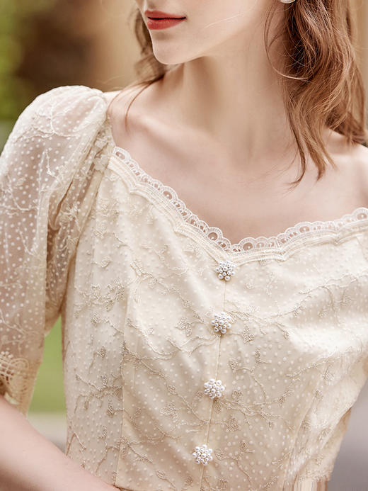 欧芮儿V领蕾丝连衣裙女2021新款收腰显瘦气质优雅法式仙女裙 商品图1