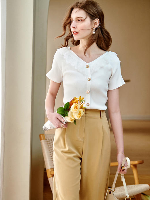 欧芮儿V领短袖毛针织衫女2021夏季修身显瘦蕾丝拼接气质优雅上衣 商品图0