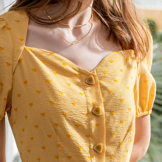 【欧芮儿方领短袖连衣裙女新款中长款气质收腰显瘦黄色A字 商品图2