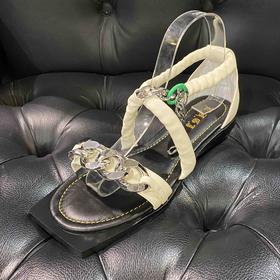 LFGJ 3866  重金属链条露趾凉鞋女平底后拉链休闲度假风女潮