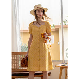 【欧芮儿方领短袖连衣裙女新款中长款气质收腰显瘦黄色A字