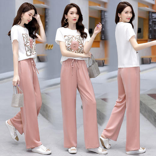 气质小香风套装女2021夏季休闲显瘦印花T恤冰丝垂感阔腿裤两件套XP-GJC2087 商品图3