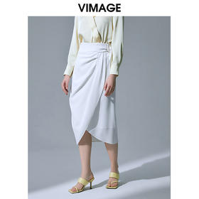 VIMAGE纬漫纪品牌女装高腰修身不规则中长裙纯色半身裙V1506105